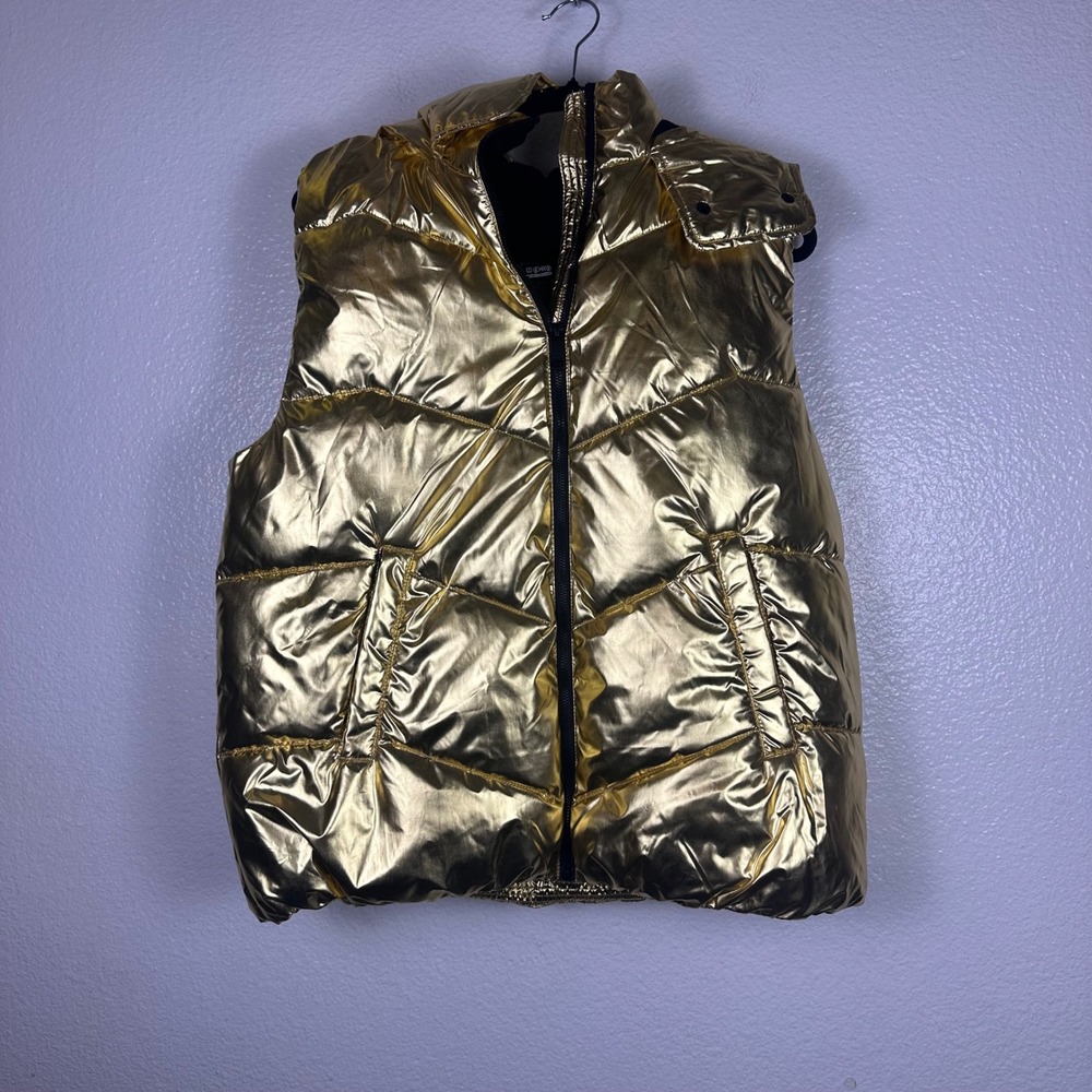 Love & Sports Womens Metallic Gold Puffer‎ Vest Water Resistant Fleece Lined M